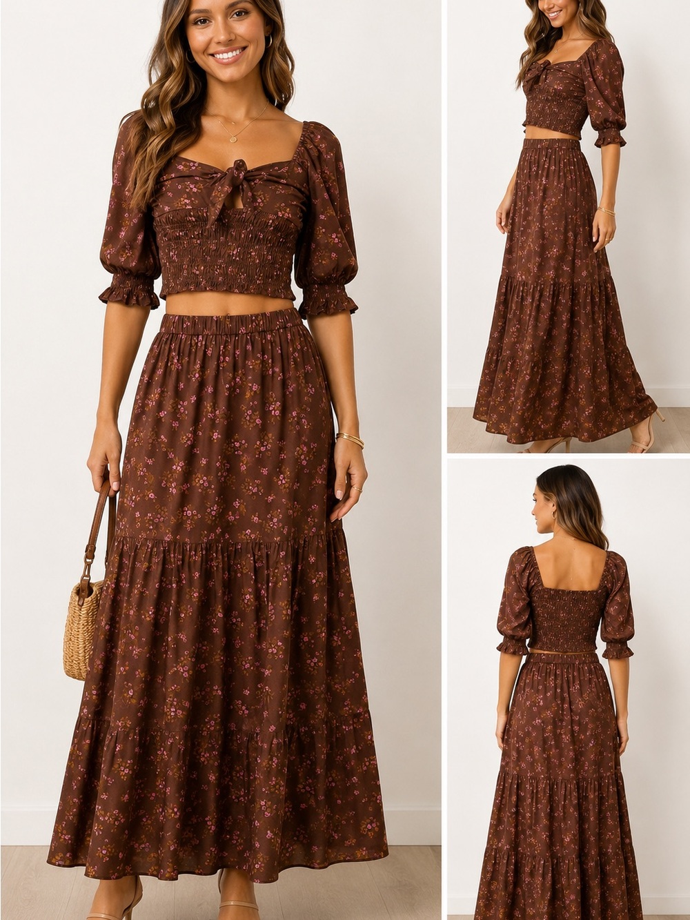 Saltwater Luxe Floral 2-Piece Set Smocked Crop Top Maxi Skirt M NWT